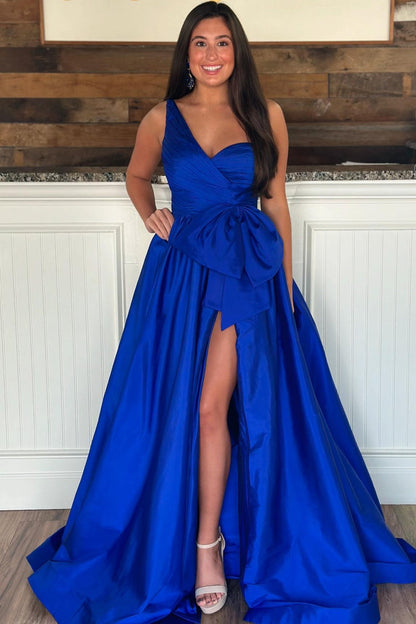 One Shoulder Red A-line Long Prom Dress with A Bow