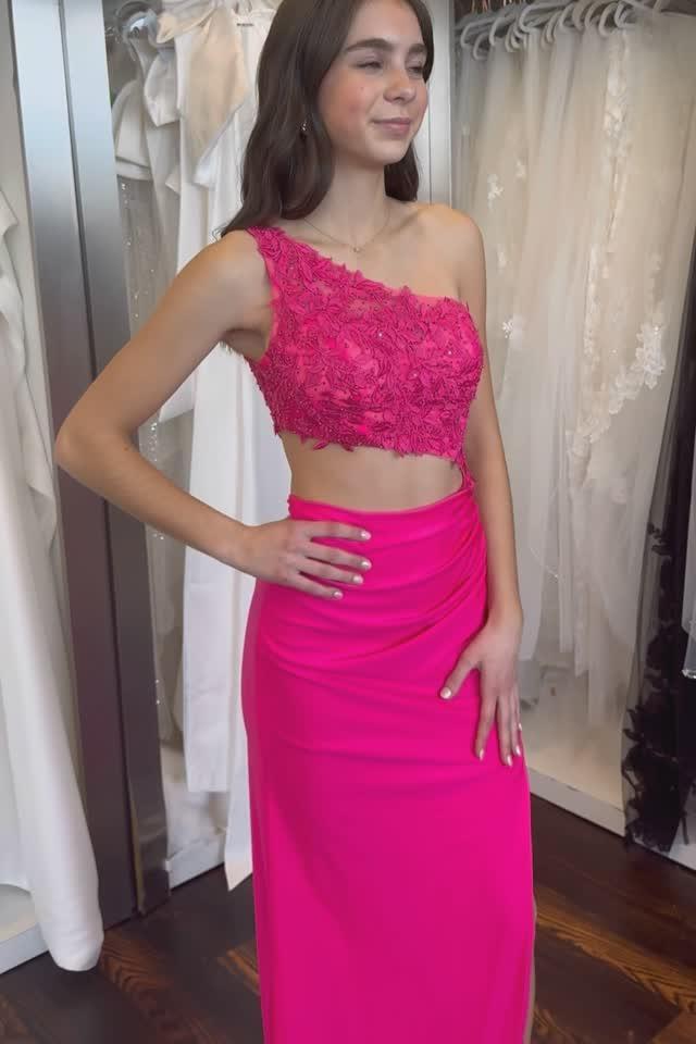 One Shoulder Royal Blue Appliques Cutout Long Dress