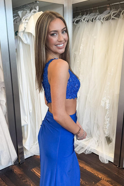One Shoulder Royal Blue Appliques Cutout Long Dress