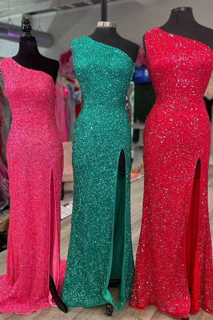One Shoulder Sequin Mermaid Long Formal Dress with Lace Up Back