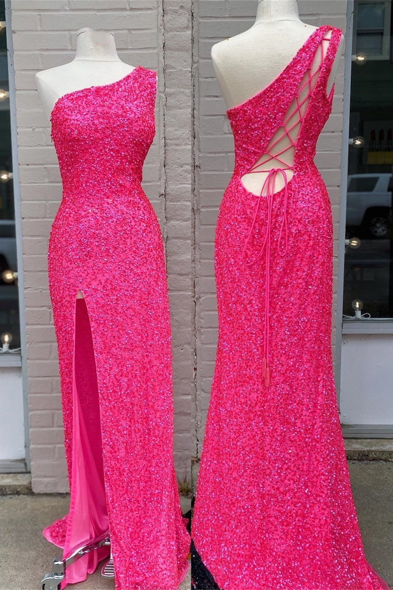 One Shoulder Sequin Mermaid Long Formal Dress with Lace Up Back