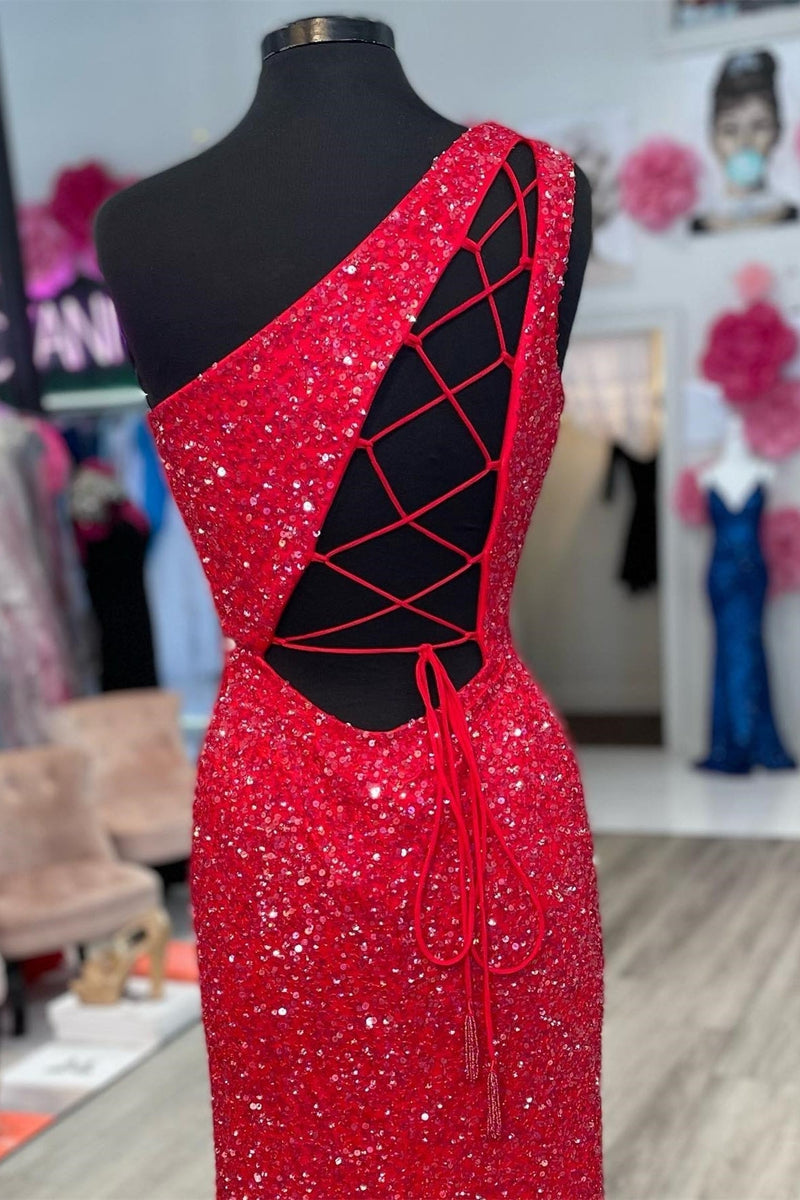 One Shoulder Sequin Mermaid Long Formal Dress with Lace Up Back