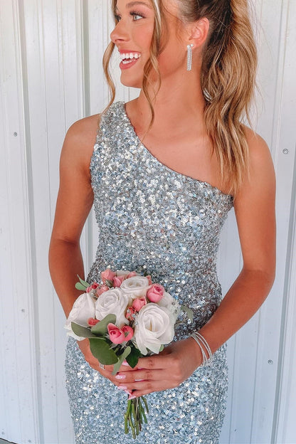 One Shoulder Silver Sequin Mermaid Long Formal Dress with Slit