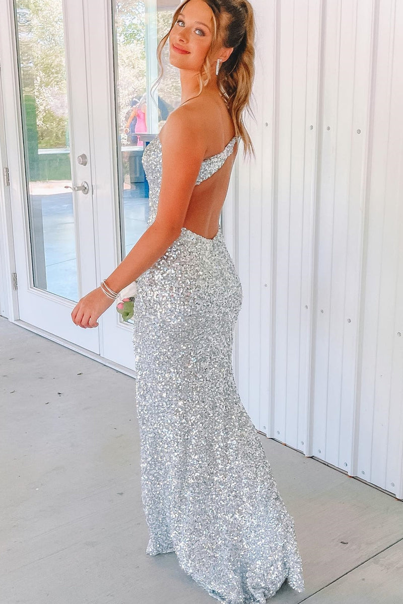One Shoulder Silver Sequin Mermaid Long Formal Dress with Slit