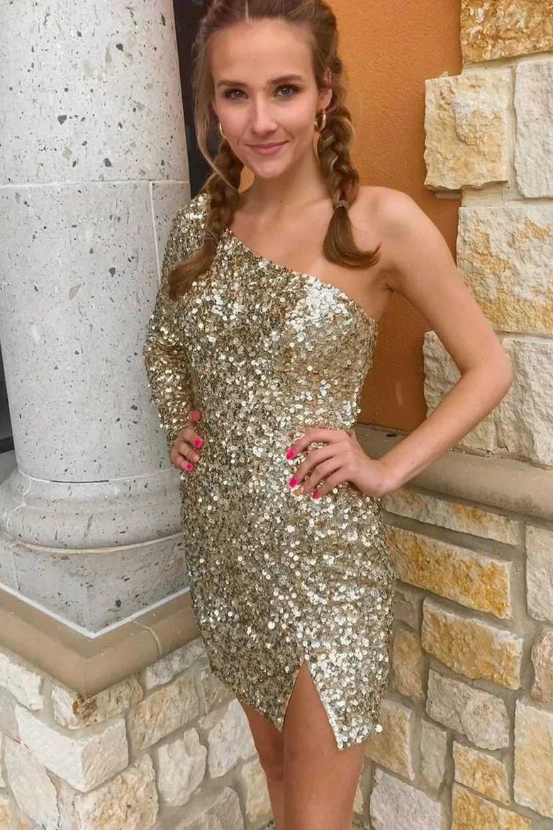 One Sleeve Hot Pink Homecoming Dress Sequins Party Dress, AST1084