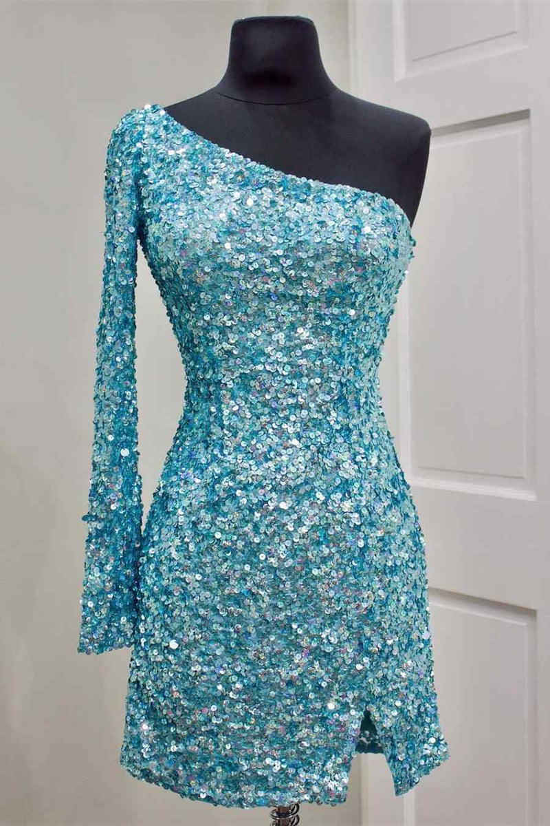 One Sleeve Hot Pink Homecoming Dress Sequins Party Dress, AST1084