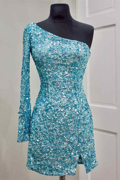 One Sleeve Hot Pink Homecoming Dress Sequins Party Dress, AST1084