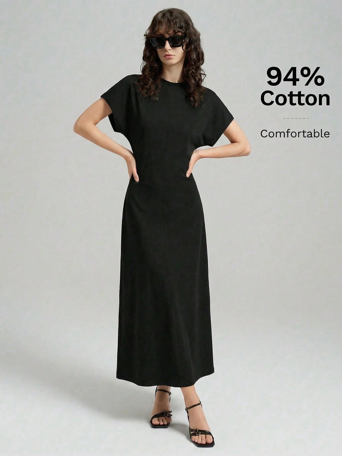 Ontre 2026 Spring/Summer New Women's Black Waistline Urban Minimalist Dress, Elegant Batwing Sleeve Dress, Teacher's Dress, Elegant Formal Dress