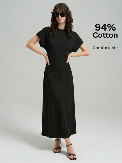 Ontre 2026 Spring/Summer New Women's Black Waistline Urban Minimalist Dress, Elegant Batwing Sleeve Dress, Teacher's Dress, Elegant Formal Dress