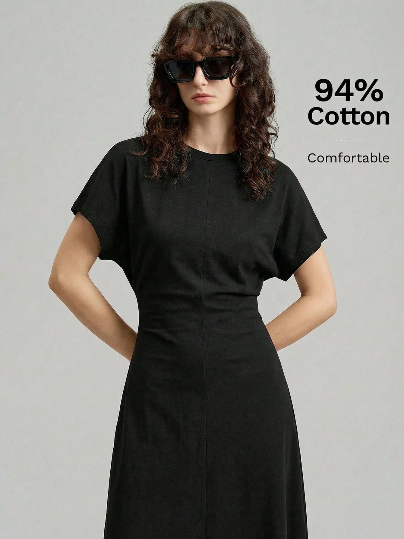 Ontre 2026 Spring/Summer New Women's Black Waistline Urban Minimalist Dress, Elegant Batwing Sleeve Dress, Teacher's Dress, Elegant Formal Dress