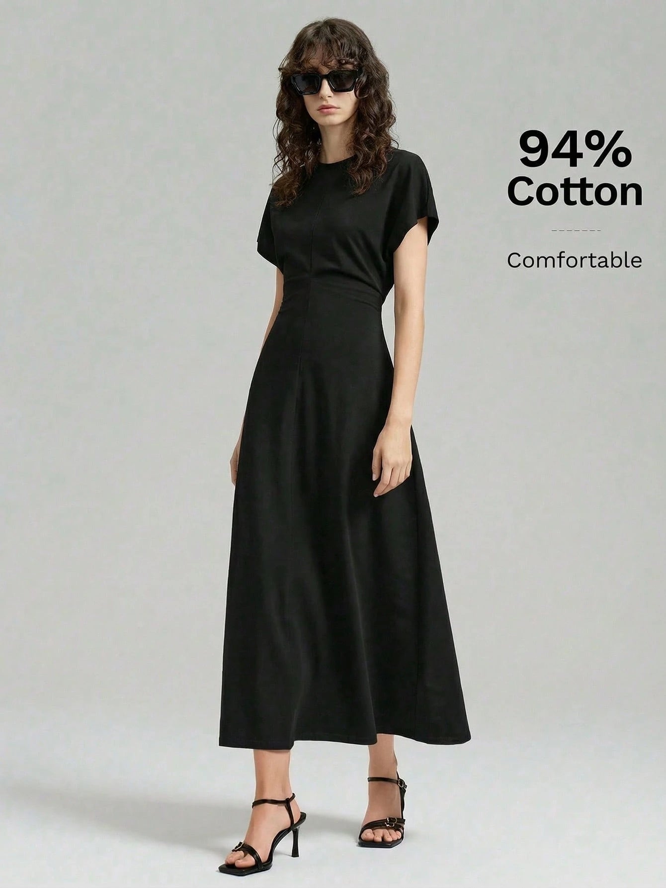 Ontre 2026 Spring/Summer New Women's Black Waistline Urban Minimalist Dress, Elegant Batwing Sleeve Dress, Teacher's Dress, Elegant Formal Dress