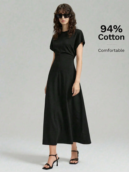 Ontre 2026 Spring/Summer New Women's Black Waistline Urban Minimalist Dress, Elegant Batwing Sleeve Dress, Teacher's Dress, Elegant Formal Dress