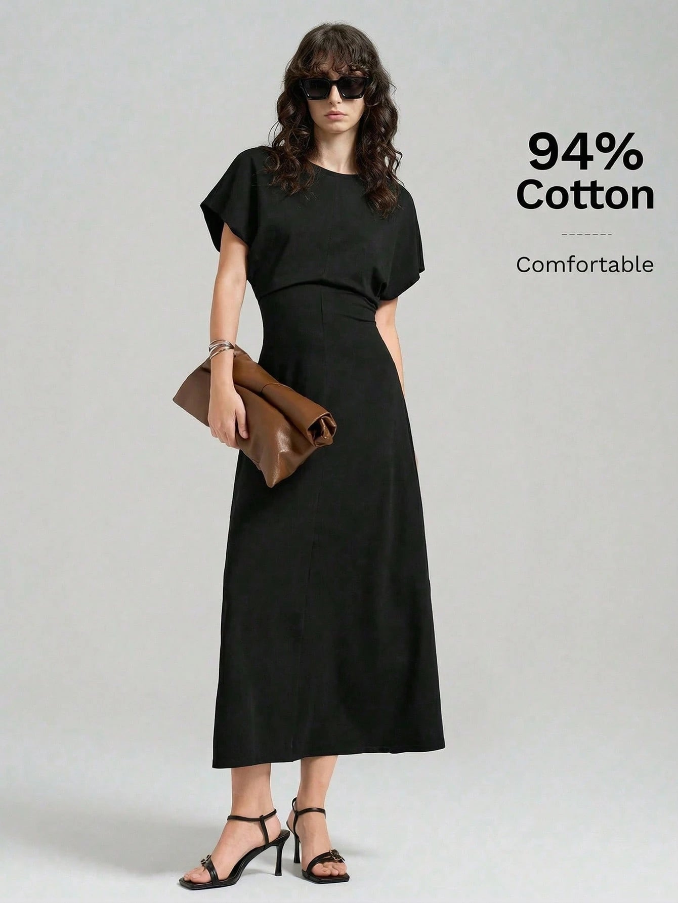 Ontre 2026 Spring/Summer New Women's Black Waistline Urban Minimalist Dress, Elegant Batwing Sleeve Dress, Teacher's Dress, Elegant Formal Dress
