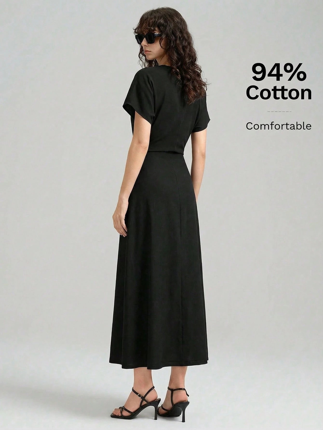 Ontre 2026 Spring/Summer New Women's Black Waistline Urban Minimalist Dress, Elegant Batwing Sleeve Dress, Teacher's Dress, Elegant Formal Dress