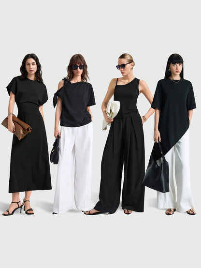 Ontre 2026 Spring/Summer New Women's Black Waistline Urban Minimalist Dress, Elegant Batwing Sleeve Dress, Teacher's Dress, Elegant Formal Dress