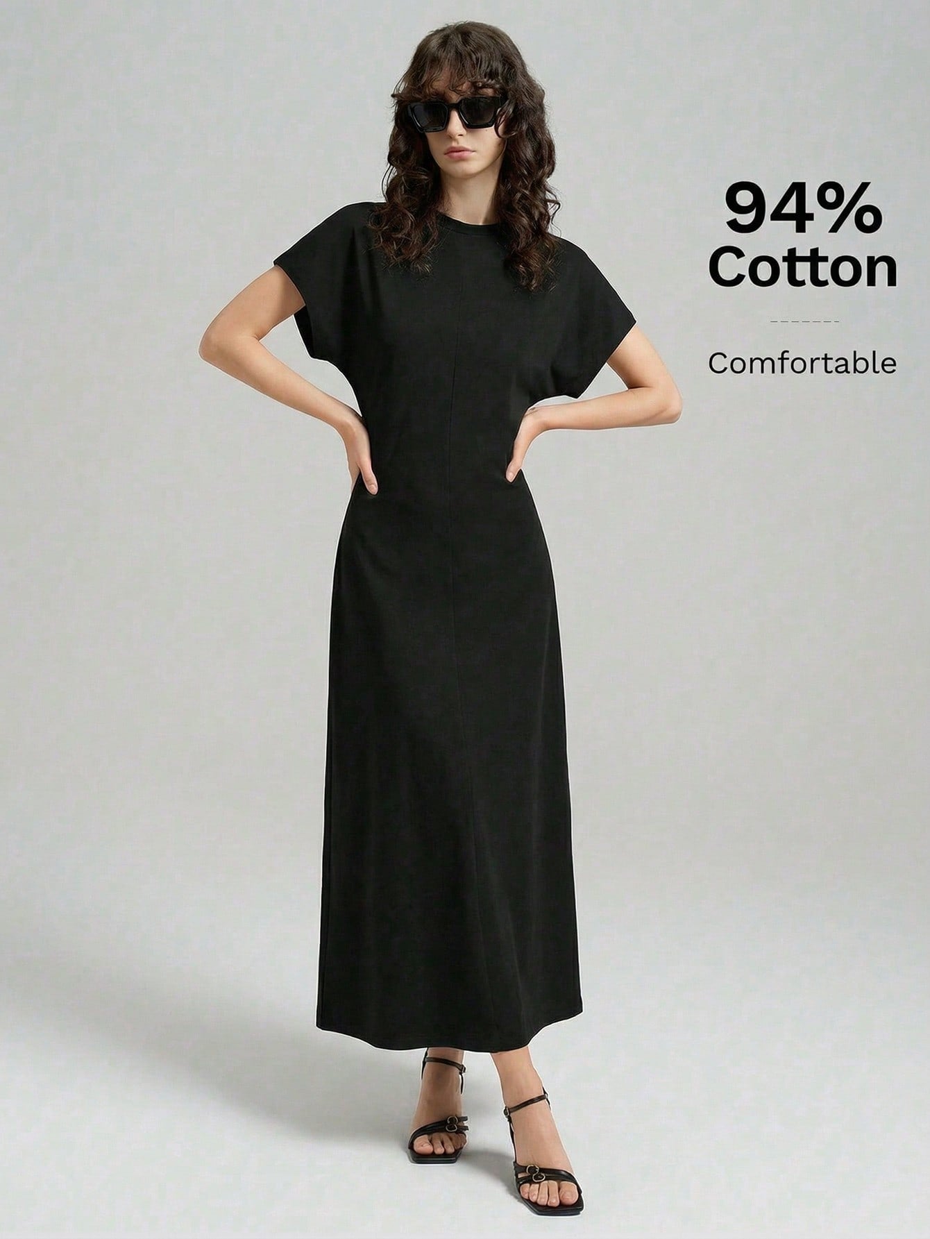 Ontre 2026 Spring/Summer New Women's Black Waistline Urban Minimalist Dress, Elegant Batwing Sleeve Dress, Teacher's Dress, Elegant Formal Dress