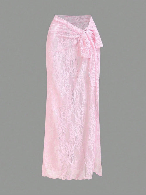 Opulessa Pink Summer Tropical Women Lace Swimsuit Cover Up Skirt,Solid Color Knitted Elegant Holiday Vacation Beach,Suitable For Party,Club,Wedding Guest,Date