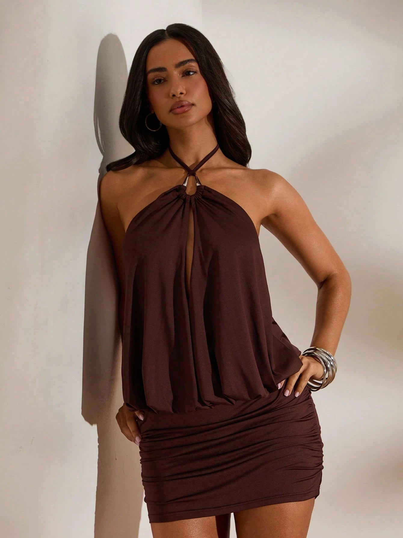 Opulessa Solid Color Knit Halter Mini Dress For Women, Spring/Summer Vacation,Summer Dresses For Women Vacation Club Night Out Dark Brown Sexy