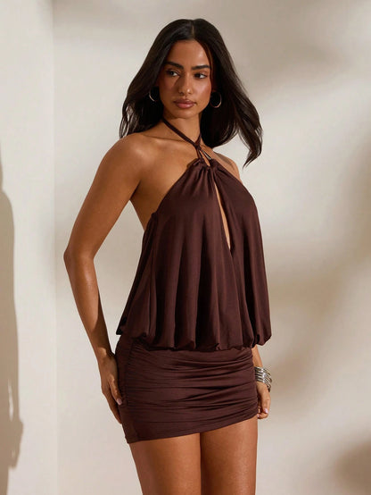 Opulessa Solid Color Knit Halter Mini Dress For Women, Spring/Summer Vacation,Summer Dresses For Women Vacation Club Night Out Dark Brown Sexy