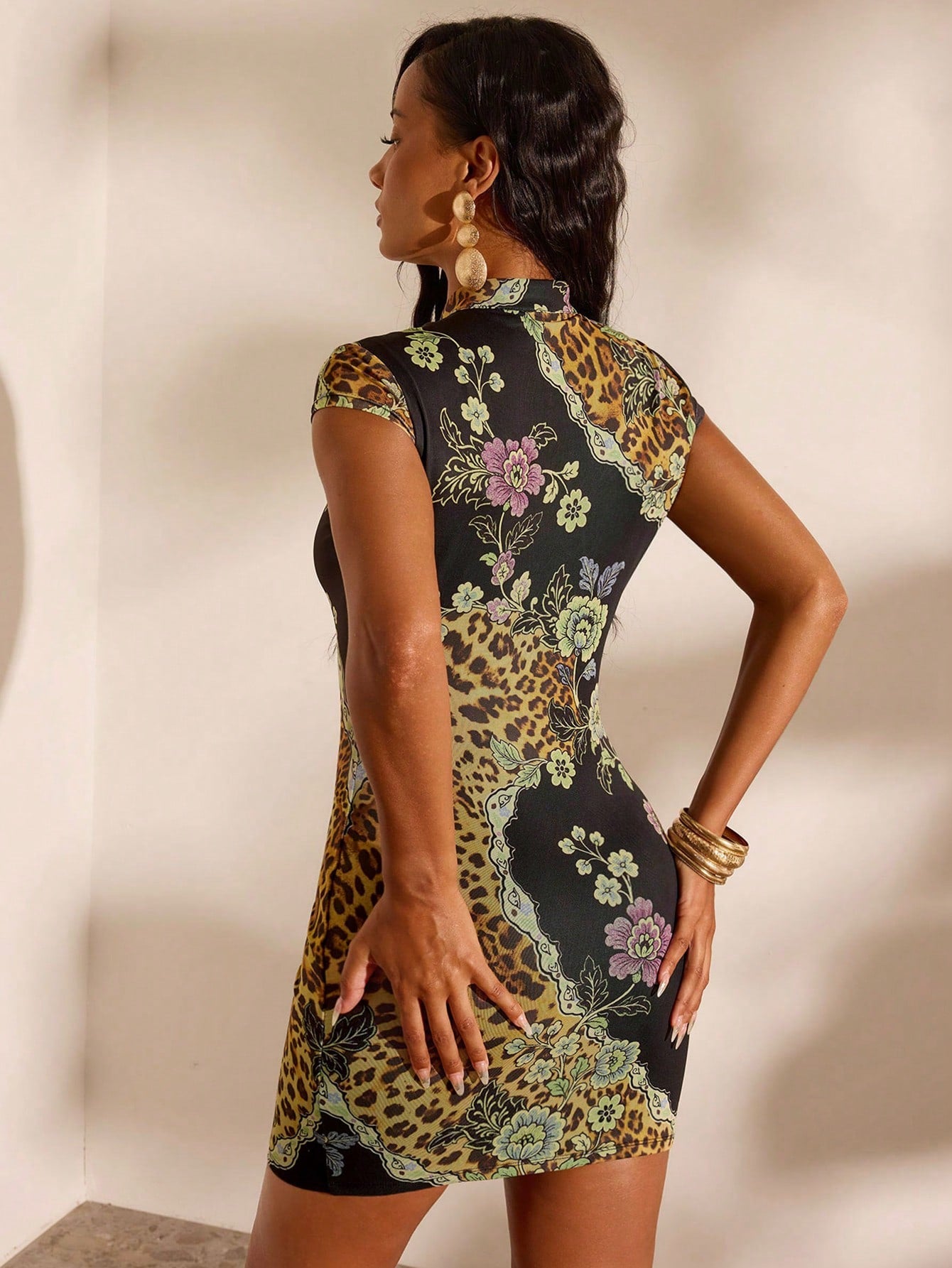 Opulessa Vacation Knit Mesh Printed Fitted Mini Dress For Women