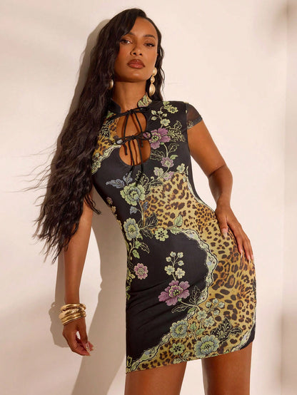 Opulessa Vacation Knit Mesh Printed Fitted Mini Dress For Women