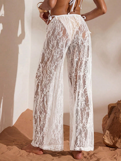 Opulessa Women's Beach Vacation Casual Lace Coverup & Pants Set Cover Ups For Swimwear