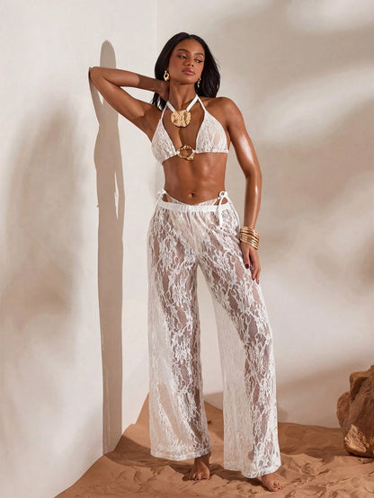 Opulessa Women's Beach Vacation Casual Lace Coverup & Pants Set Cover Ups For Swimwear