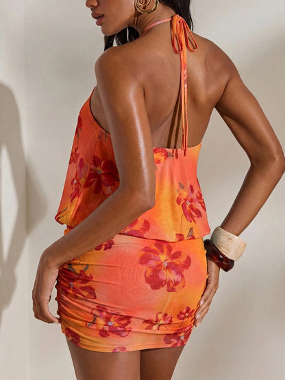 Opulessa Women's Knit Halter Mini Dress For Vacation Vacation Red Orange Summer Sexy Tropical