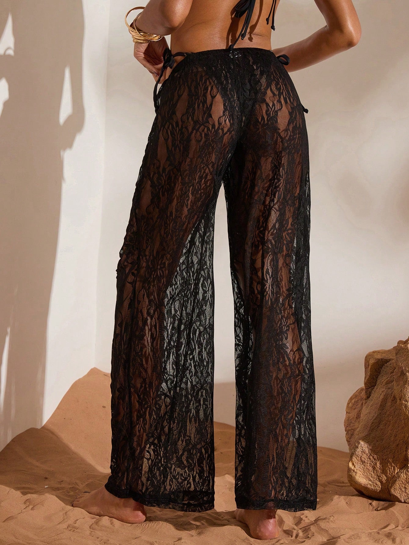 Opulessa Women's Lace Sheer Solid Color Black Summer Casual Beach Holiday Vacation Cover Up Pants,Bohemian Mermaid Style Western Carnival Ibiza Outfits