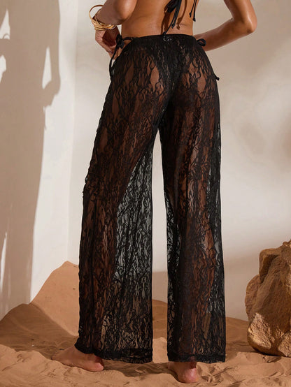 Opulessa Women's Lace Sheer Solid Color Black Summer Casual Beach Holiday Vacation Cover Up Pants,Bohemian Mermaid Style Western Carnival Ibiza Outfits