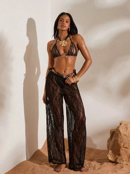 Opulessa Women's Lace Sheer Solid Color Black Summer Casual Beach Holiday Vacation Cover Up Pants,Bohemian Mermaid Style Western Carnival Ibiza Outfits