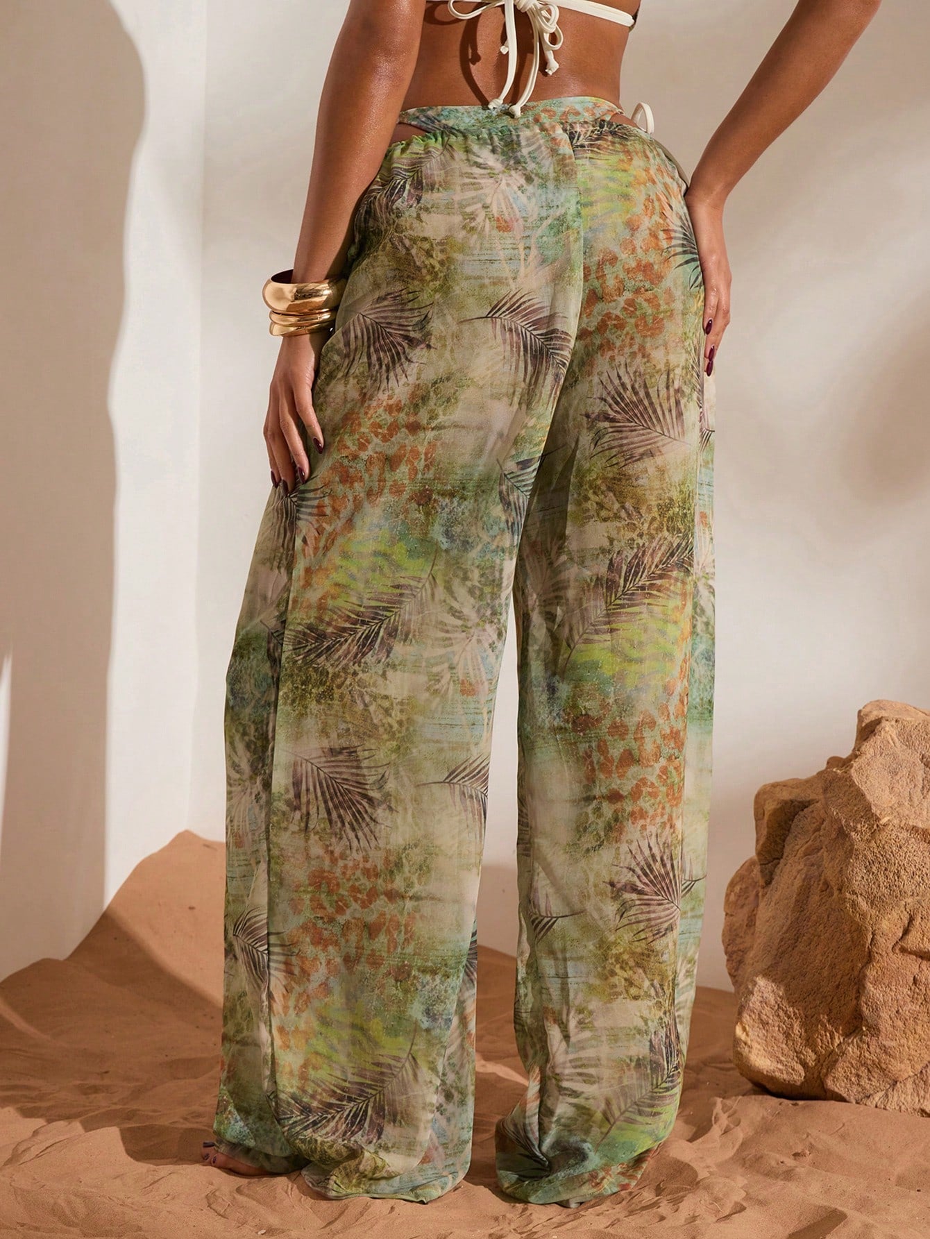 Opulessa Women's Tropical Print Beaded Drawstring Waist Loose Lightweight Wide Leg Cover-Up Beach Pants,Olive Green Summer Holiday Vacation Leopard Bohemian