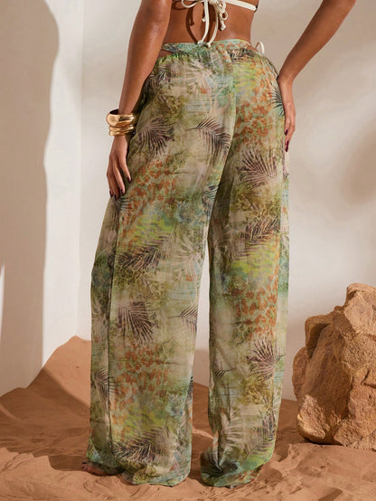 Opulessa Women's Tropical Print Beaded Drawstring Waist Loose Lightweight Wide Leg Cover-Up Beach Pants,Olive Green Summer Holiday Vacation Leopard Bohemian