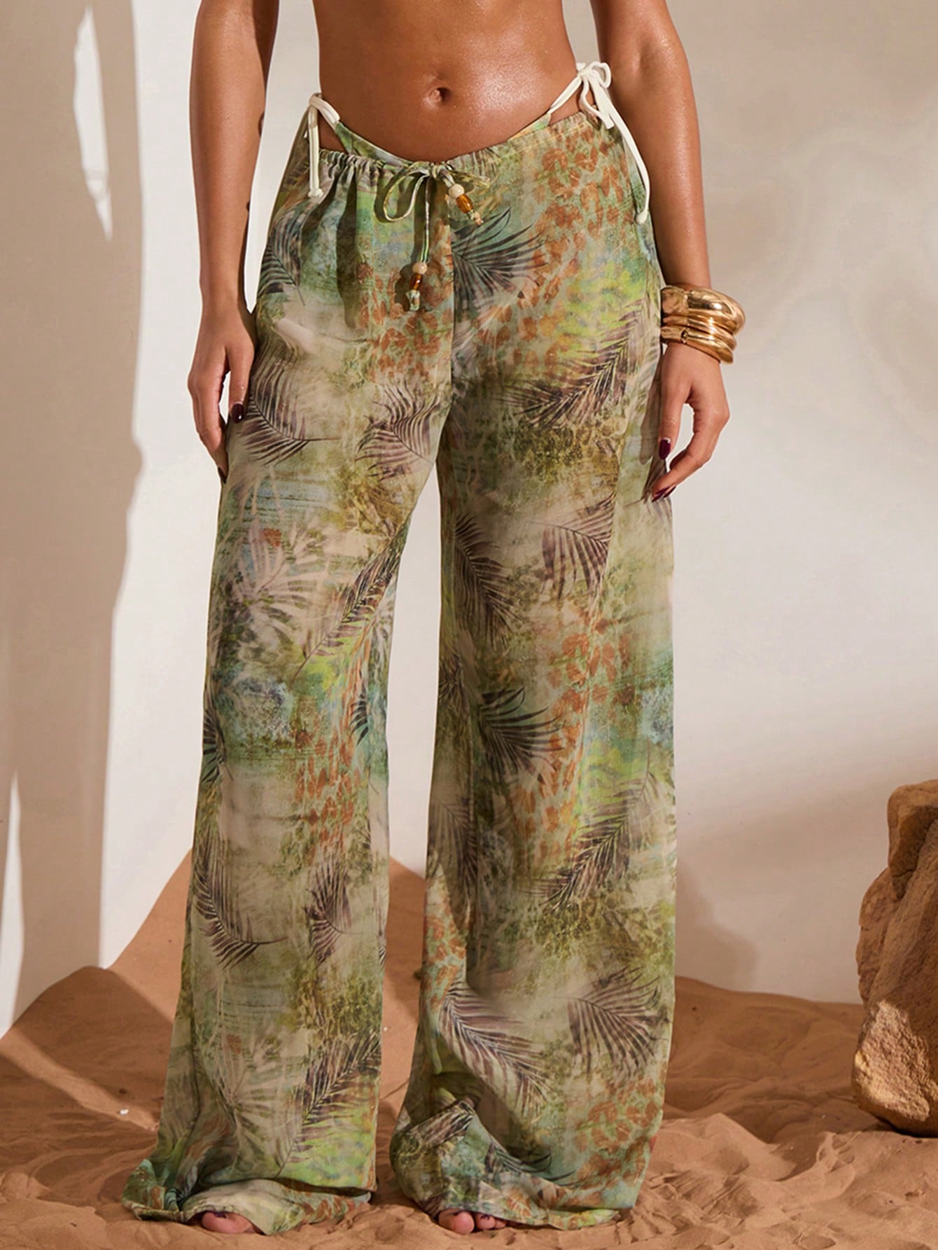Opulessa Women's Tropical Print Beaded Drawstring Waist Loose Lightweight Wide Leg Cover-Up Beach Pants,Olive Green Summer Holiday Vacation Leopard Bohemian