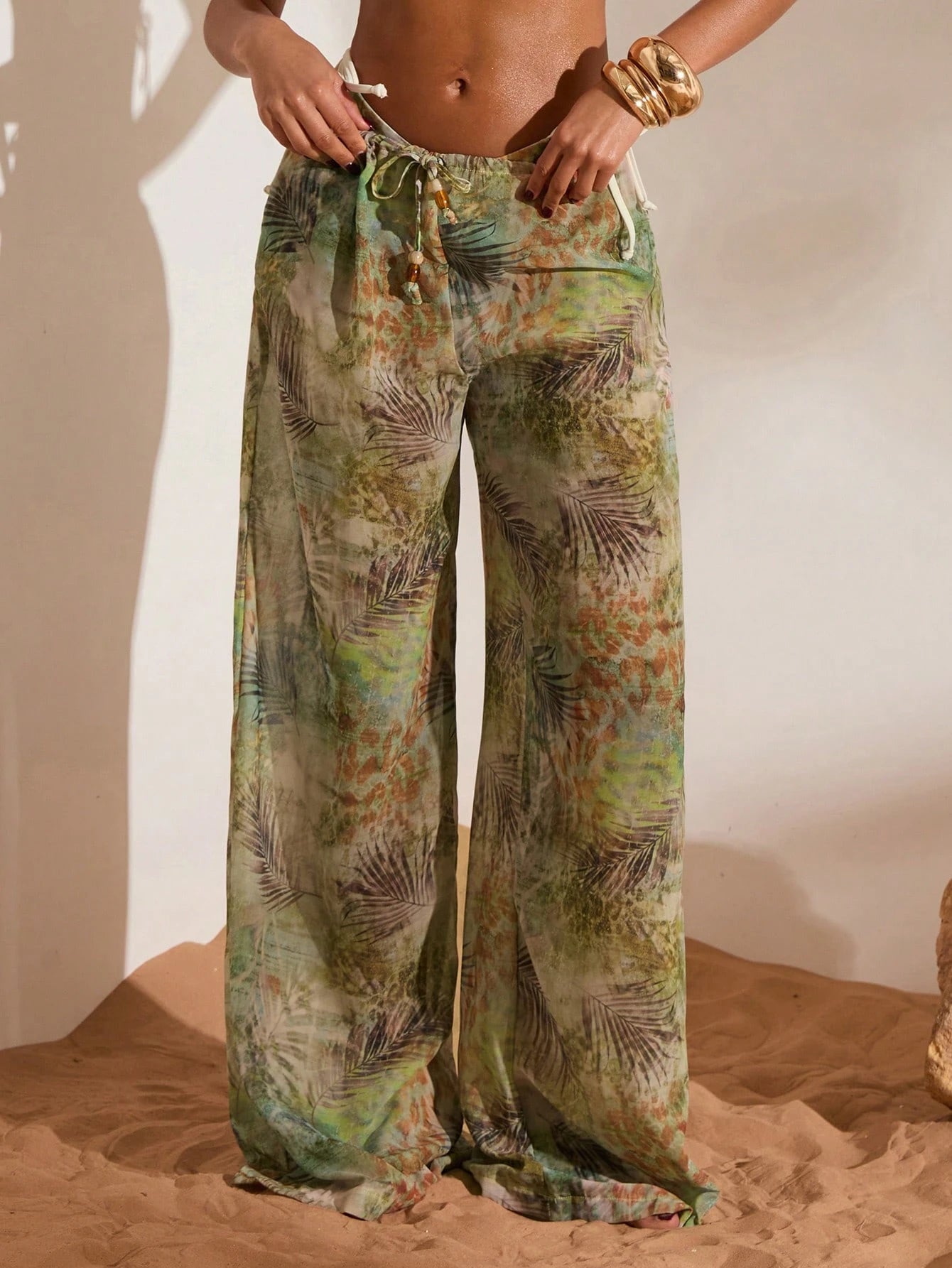 Opulessa Women's Tropical Print Beaded Drawstring Waist Loose Lightweight Wide Leg Cover-Up Beach Pants,Olive Green Summer Holiday Vacation Leopard Bohemian