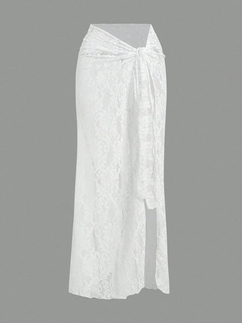 Opulessa Women White Knit Knotted Waist Skirt For Summer Beach Vacation,Elegant Sarong,Holiday,Casual Mermaid Bohemian Ibiza Outfits,Western Style