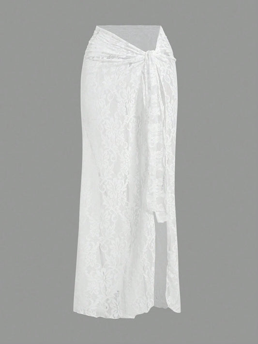 Opulessa Women White Knit Knotted Waist Skirt For Summer Beach Vacation,Elegant Sarong,Holiday,Casual Mermaid Bohemian Ibiza Outfits,Western Style