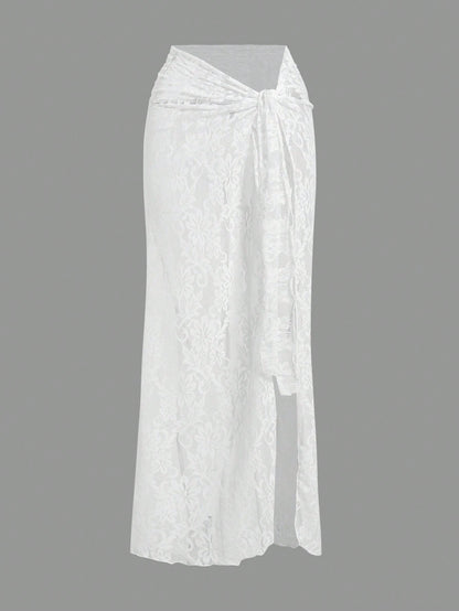 Opulessa Women White Knit Knotted Waist Skirt For Summer Beach Vacation,Elegant Sarong,Holiday,Casual Mermaid Bohemian Ibiza Outfits,Western Style
