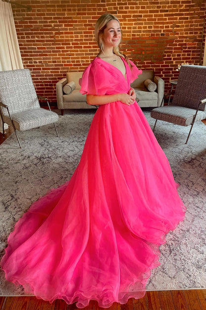Orange A-line Long Formal Dress with Flutter Sleeves