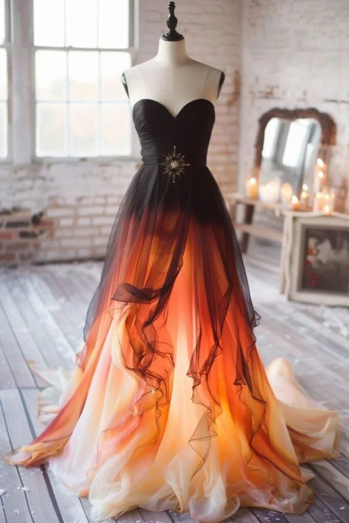 Orange Black Chiffon A-line Prom Dresses Sweetheart Evening Party Dress,AST2178