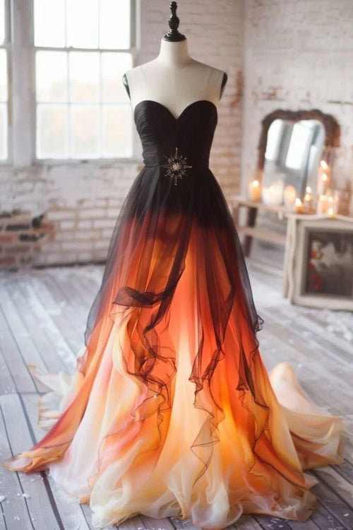 Orange Black Chiffon A-line Prom Dresses Sweetheart Evening Party Dress,AST2178