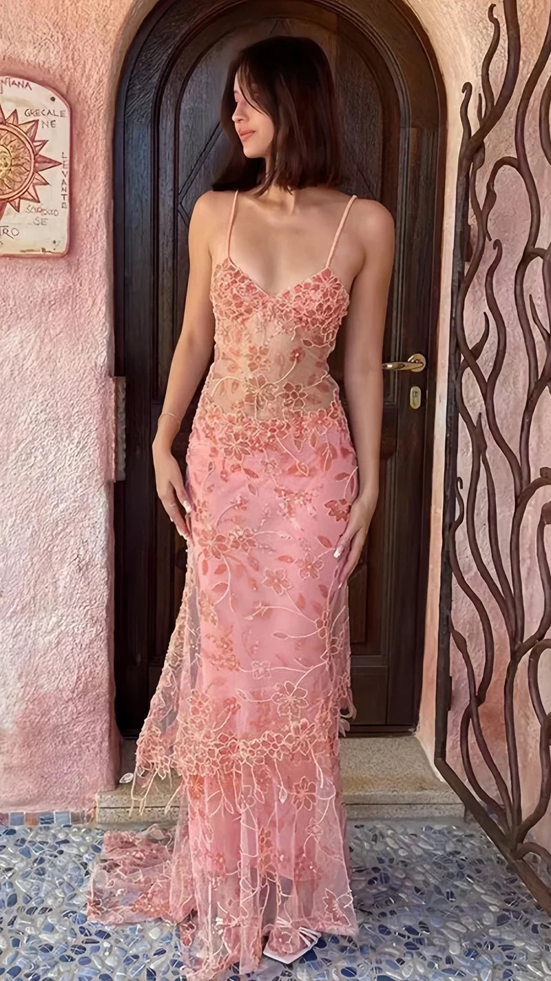 Orange Pink Lace Sheath Long Prom Dresses V-neck Ruffle Evening Formal Dress,AST2082