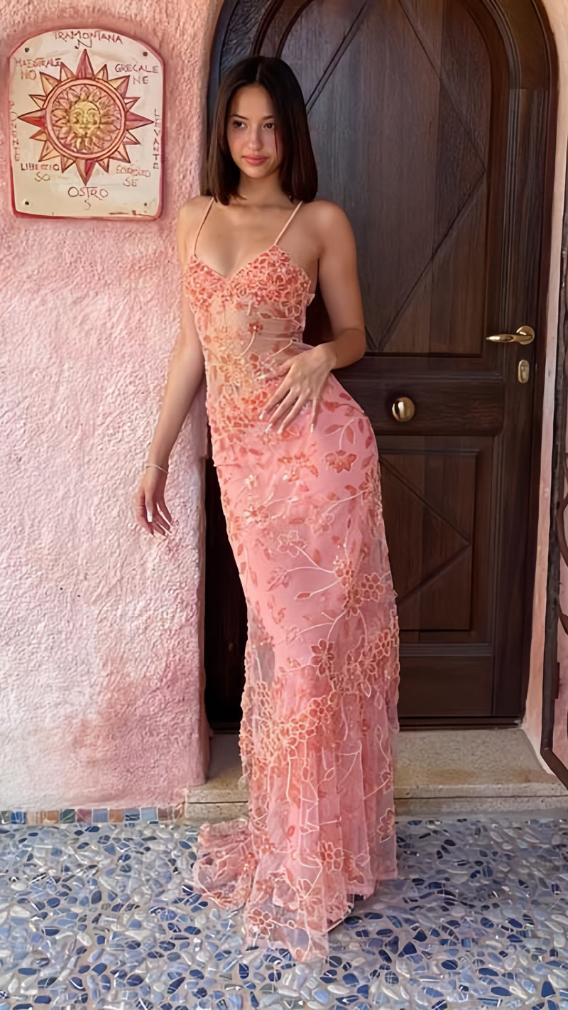 Orange Pink Lace Sheath Long Prom Dresses V-neck Ruffle Evening Formal Dress,AST2082