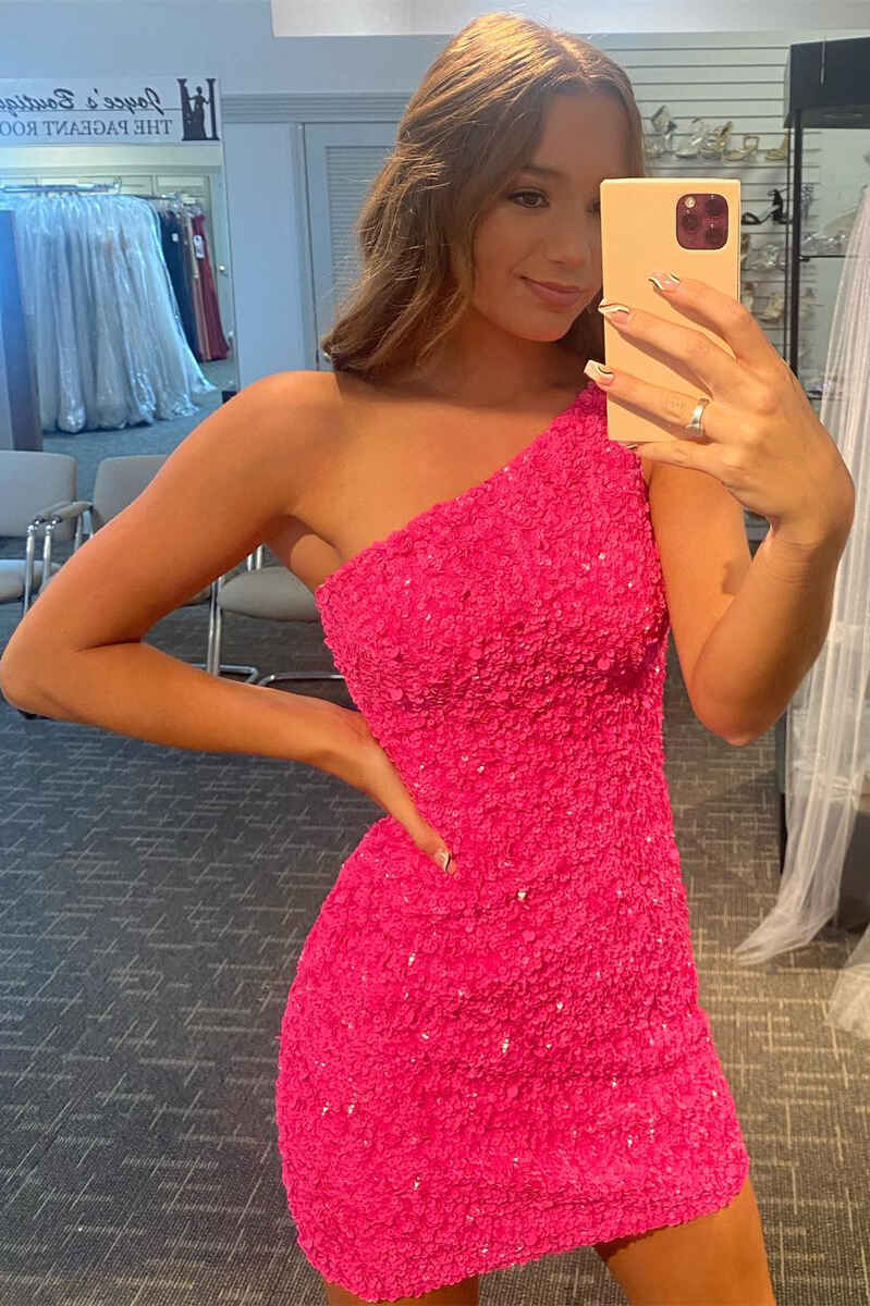 Orange Sequin One Shoulder Fitted Homecoming Dress , AST1172