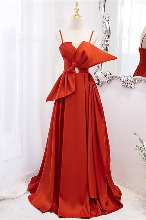 Orange Spaghetti Straps Knotted Satin A-line Long Dress