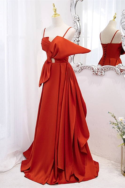 Orange Spaghetti Straps Knotted Satin A-line Long Dress