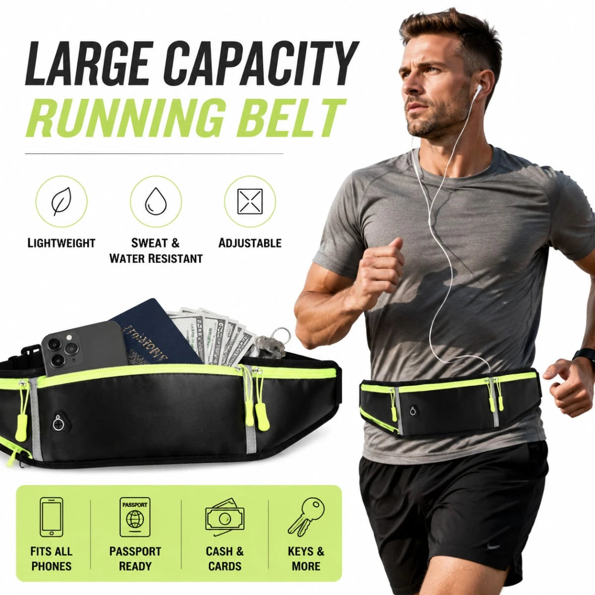 Outdoor Sports Waist Pack/ Cycling Waist Pack- Men's & Women's Running Belt- Black, Reflective, Water-Resistant, 3 Pockets- Suitable For Running, Fitness, Hiking, And Cycling