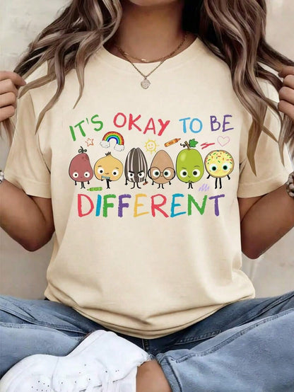 Oversized Tee Summer Casual Tee1pcs"It's Okay To Be Different" T-Shirt, Neurodiversity Gift, Special Education T-Shirt, AAC Teacher T-Shirts, Printed