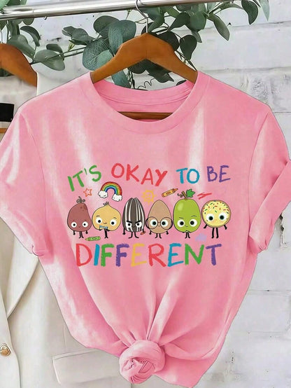 Oversized Tee Summer Casual Tee1pcs"It's Okay To Be Different" T-Shirt, Neurodiversity Gift, Special Education T-Shirt, AAC Teacher T-Shirts, Printed