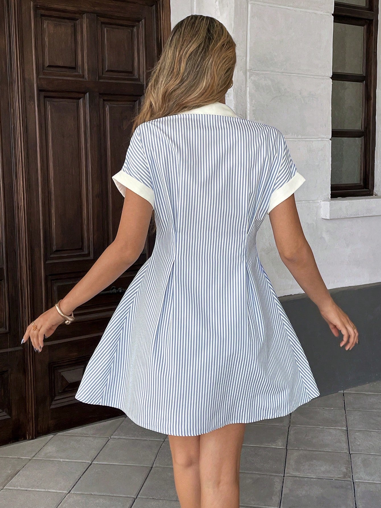 Pariaura Fashionable Casual Vacation Blue & White Striped Waist Cinched Fitted Mid-Length Short Sleeve Shirt Dress